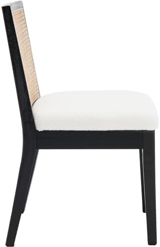 Rattan Dining Chairs Set of 2, Farmhouse Boucle Kitchen Chairs with Cane Back, Upholstered Sherpa Dining Room Chairs Comfy Side Wood Chair for Living Room/Restaurant, Black Sherpa