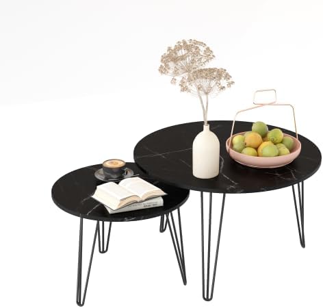 2 Piece Nesting Round Side Tables, Faux Marble Surface Nesting Coffee Table |...
