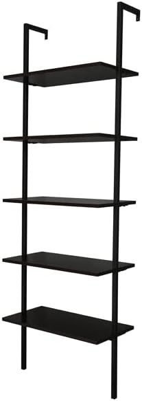 5-Tier Wall-Mounted Ladder Bookshelf Black Metal Frame | MDF Shelves, Industrial Style, 60x30x180 cm, Open Design, Living Room & Office