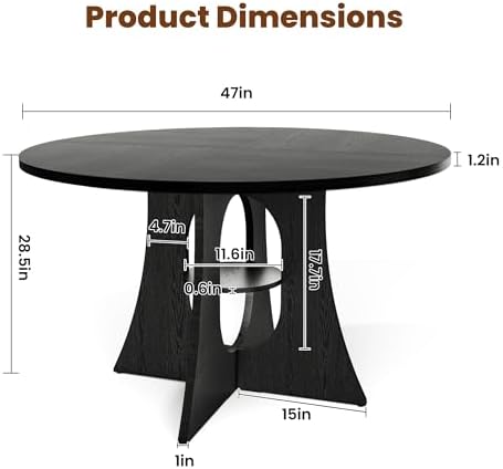 47-Inch Round Dining Table for 4-6, Sculptural Base, Black