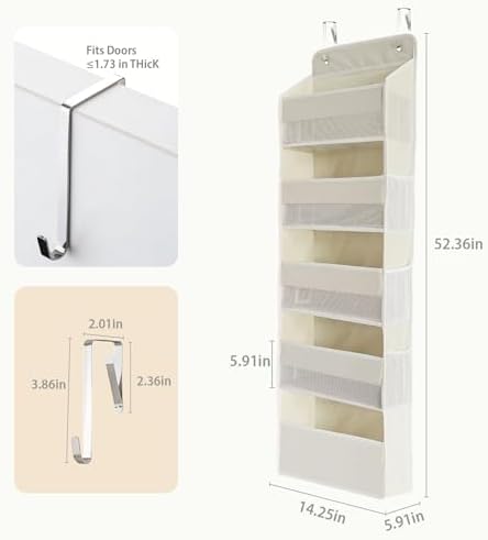 Over the Door Organizer, Door Storage Organizer with Large Capacity Pockets, Hanging Shelves for Bedroom, Closet, Dorm, Pantry (Beige, 5-Tier)