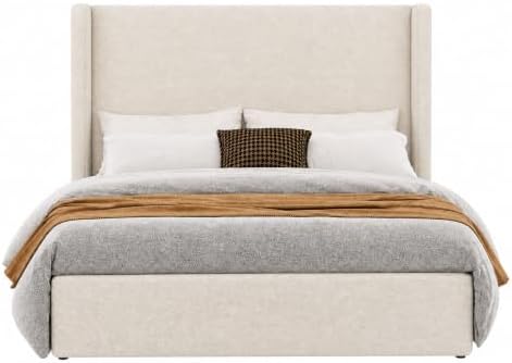 Queen Platform Bed, Tall Wingback Chenille Headboard, Sturdy Wood Slats Silen...