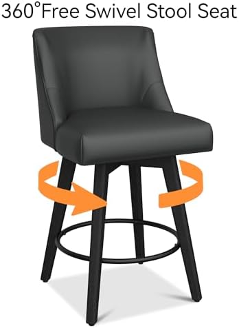 26" Counter Height Swivel Bar Stools, Set of 4, Black Grey | Faux Leathe...