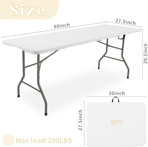 Set of 2 Folding Table 5 FT Camping Table Portable White Lightweight Plastic ...