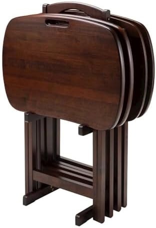 Furnifact Walnut Snack Table Set – Folding TV Trays with Stand for Dining, Wo...