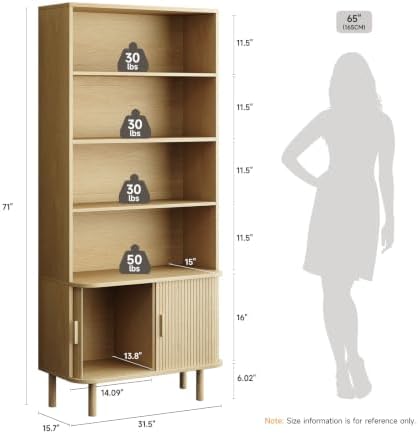 ONBRILL 71" Bookshelf with Sliding Door, Bookcase Storage Cabinet, Oak