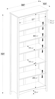 Camaflexi Shaker Style 6 Shelf Bookcase / Solid Wood / 72 inch Tall / Adjusta...