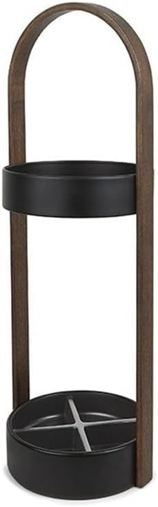 Metal Umbrella Stand, Wood Grain Umbrella Holder with Hooks(Black) | Space-Saving Umbrella Storage for Entryway or Hallway, Modern Indoor Umbrella Rack with Wooden Armrests