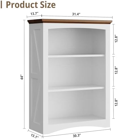 IRONCK 43" Tall 3-Tier Bookshelf, Farmhouse Bookcase White