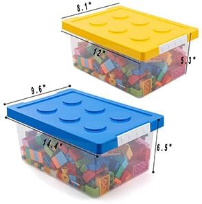 loobuu Plastic Storage Bins with Lids - Stackable Toy Storage Organizer Box Set of 2, Toy Chests with Compatible Building Baseplate and Lid, Storage Container for Building Bricks - Yellow+Blue