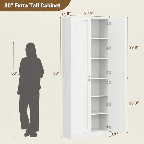 Cyclysio 80" Storage Cabinet, Tall Arched Bookcase with 4 Soft Close Doors