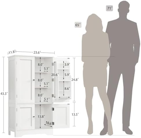 TEENFON 43'H Pantry Cabinet with 4 Doors, Kitchen Cabinet with 6 Door She...