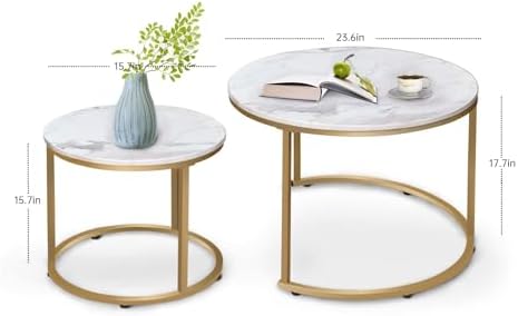 aboxoo Coffee Table Nesting White Set of 2 Side Set Golden Frame Circular Rou...