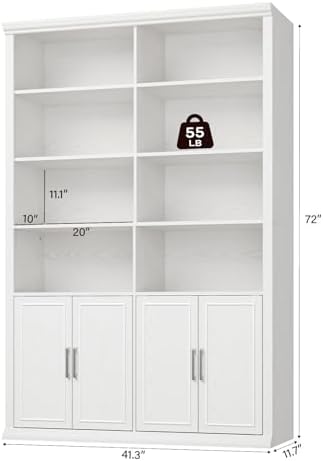 Rresyet 42" W Double Bookcase and Bookshelf with Doors, White