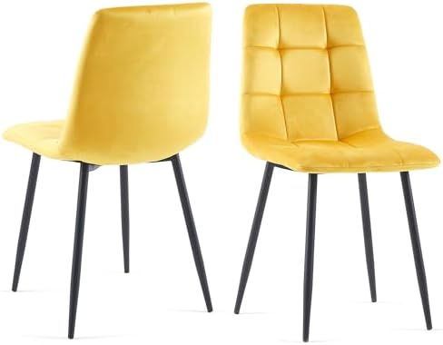 NORDICANA Yellow Velvet Dinner Chairs Set of 2, Modern Armless Biscuit Tufted...