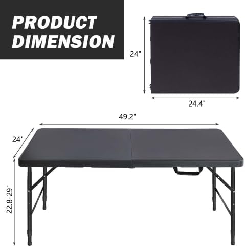 GlowSol Folding Table 4FT, Heavy Duty Portable Plastic Folding Table with Han...