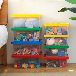 loobuu Plastic Storage Bins with Lids - Stackable Toy Storage Organizer Box Set of 2, Toy Chests with Compatible Building Baseplate and Lid, Storage Container for Building Bricks - Yellow+Blue