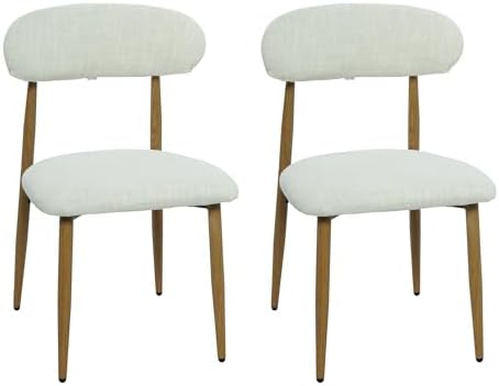 FREKEN Modern Upholstered Dining Chairs Set of 2, Mid-Century Metal Frame with Wood Grain, Linen Fabric Side Chair for Kitchen Dining Room, 350lbs Capacity, Beige