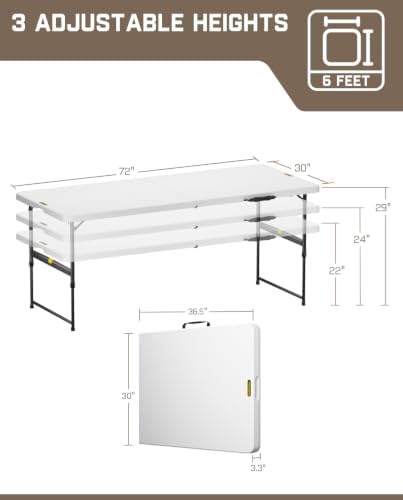 FanttikOutdoor Folding Table 6ft Quick Adjust 3 Heights Picnic Party Dining |...