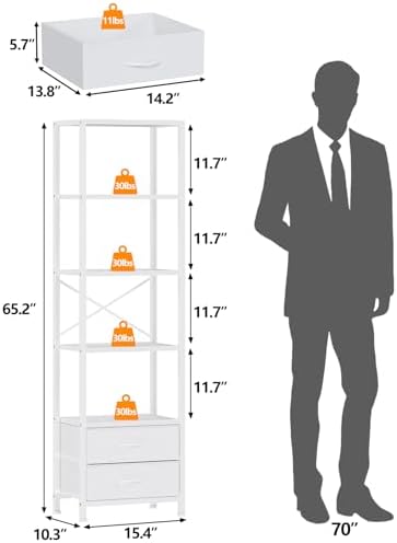Furnulem 5-Tier Corner Shelf,Tall Narrow Bookshelf with Drawers,White