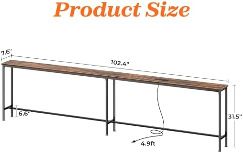 SUPERJARE 102.4 Inch Sofa Table with Power Outlets and USB-C Port,Rusitc Brown