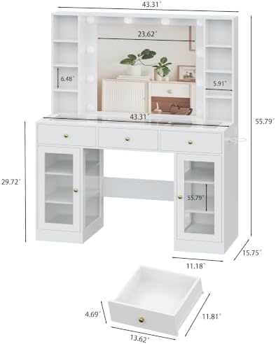 HUANLEGO White Vanity Desk with Mirror and Lights, Glass Top Vanity with Ligh...