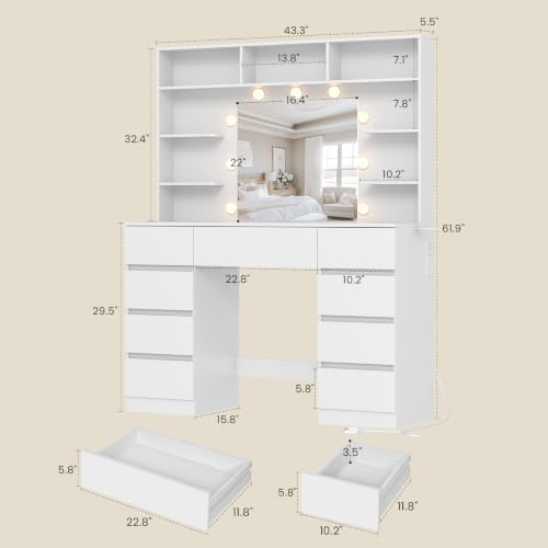 Vanity Desk with Mirror and Lights,43" Makeup Vanity Table with 9 Drawer...