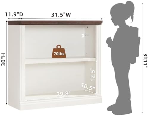 RWYHG 30" White Small Bookcase, 2 Tier Farmhouse Wooden Short Book Shelf