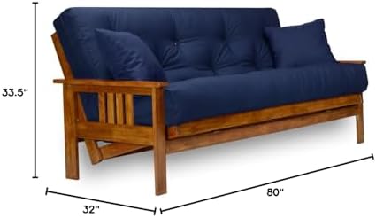 Stanford Futon Set - Full Size Futon Frame with Mattress Included (8 Inch Thick Mattress, Twill Navy Blue Color), Heavy Duty Wood, Popular Sofa Bed Choice