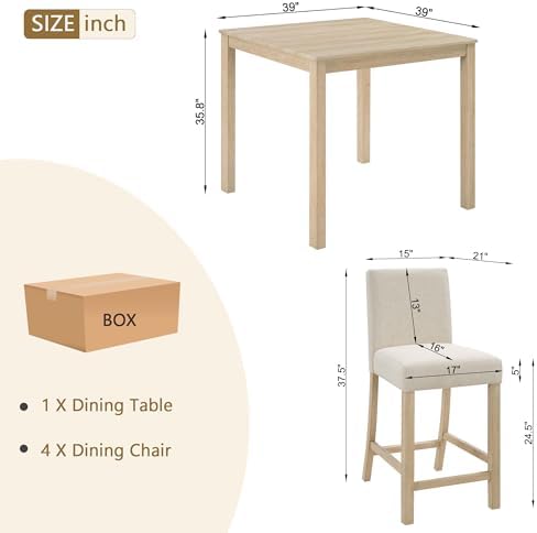 RuiSiSi 5 Piece Dining Table Set for 4, Farmhouse Counter Height Kitchen Tabl...