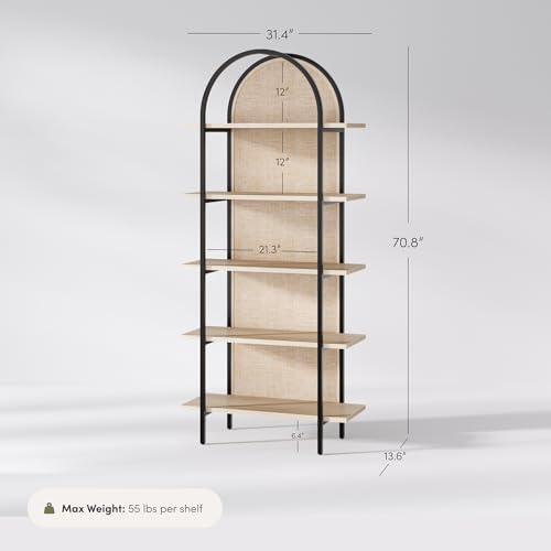 Nathan James Amara Bohemian 5-Shelf Etagere Bookcase, Rattan Open Bookshelf w...