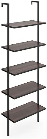 Nathan James Theo 5-Shelf Wood Modern Bookcase, Open Wall Mount Ladder Bookshelf with Industrial Metal Frame, Walnut Brown/Black, Set of 2