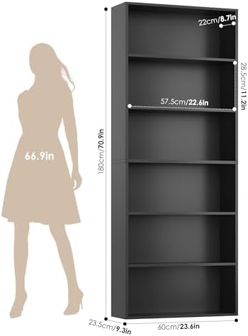 FOTOSOK 6 Tier Tall Bookshelf and Bookcase with Open Display Shelves, Black