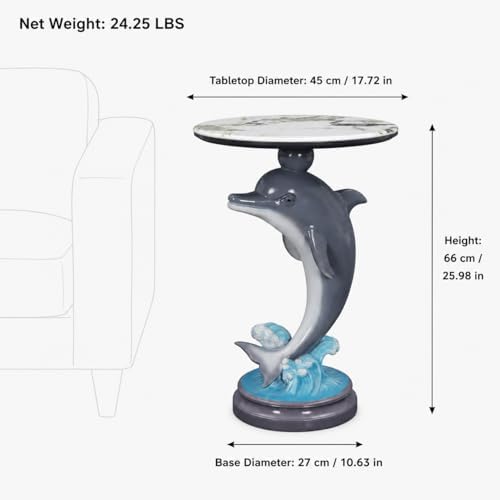 Dolphin Side Table, 25.98 in Animal End Table, Round Marble-Look Top, Hand-Pa...