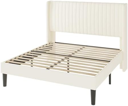 Allewie Queen Size Velvet Bed Frame/Vertical Channel Tufted Wingback Headboar...