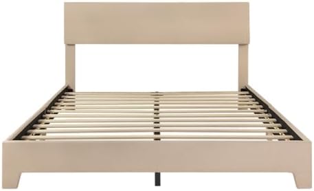SHA CERLIN Linen Upholstered Full Size Bed Frame with Headboard, Beige