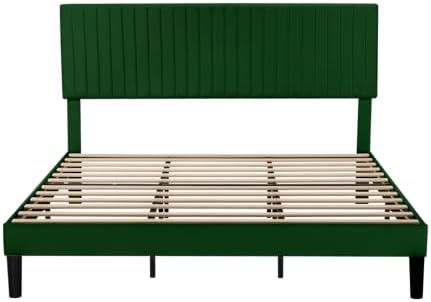 Allewie King Bed Frame, Velvet Upholstered Platform Bed with Adjustable Verti...