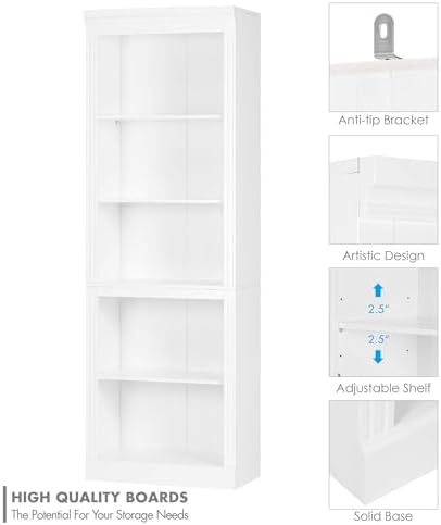 Spirich White Bookshelf, 5-Tier Tall Bookcase with Adjustable Shelves