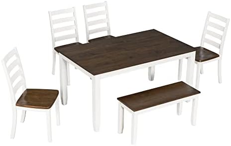 LUMISOL 6 Piece Farmhouse Dining Table Set with Bench, Walnut Cottage White