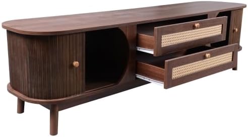 Bellemave Rattan TV Stand for up to 75", Modern Media Console with 2 Cabinets & 2 Drawers, Solid Wood Entertainment Center with Sliding Doors for Living Room, Bedroom (Walnut)