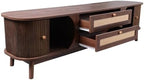 Bellemave Rattan TV Stand for up to 75", Modern Media Console with 2 Cabinets & 2 Drawers, Solid Wood Entertainment Center with Sliding Doors for Living Room, Bedroom (Walnut)