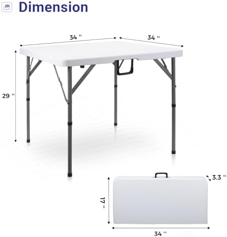 34" Square Folding Card Table,Fold-in-Half Utility Portable Table,White ...