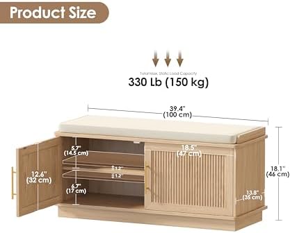 Akxomel 39.4" Fluted Shoe Storage Bench 2 Doors Wooden Entryway Bench Oa...