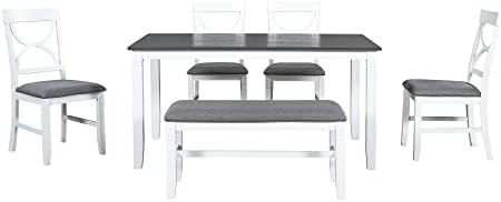LUMISOL 6 Piece Farmhouse Dining Table Set with Bench for 6, White+Gray