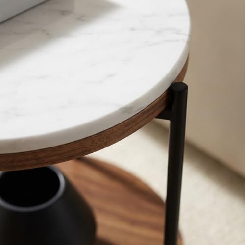 Lyra Round Marble End Table – Solid Acacia Wood Shelf, Open Storage Side Tabl...
