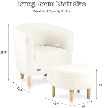 DAZONE Sherpa Accent Chair with Ottoman White Fluffy Teddy Barrel Armchair | ...
