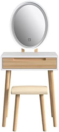 YOURLITE Makeup Vanity Table Set with 3 Modes Adjustable Lighted Mirror Cushi...