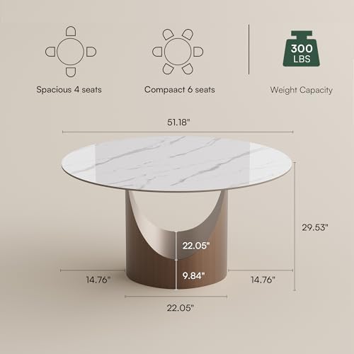 POVISON Round Dining Table for 4, 51" Glossy White Sintered Stone Top Di...
