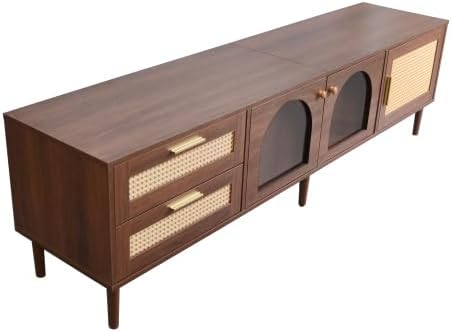 Bellemave Modern TV Stand with LED Lights & Glass Doors, Rattan Media Console with 3 Cabinets & 2 Drawers for up to 80", Solid Wood Entertainment Center for Living Room, Home Theatre (Dark Brown)