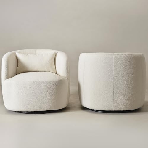 KINWELL 34" W Sherpa Swivel Barrel Chairs with Pillow Set of 2, Cream